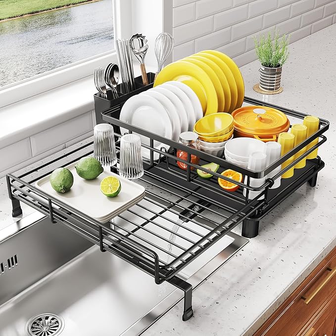 Expandable Dish Drying Rack for Kitchen Counter, Stainless Steel, Large Capacity by SNTD