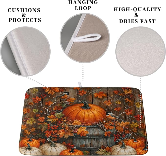 Fall Dish Drying Mat for Kitchen Counter 16x18 Autumn Pumpkin Maple Leaves - Image 3