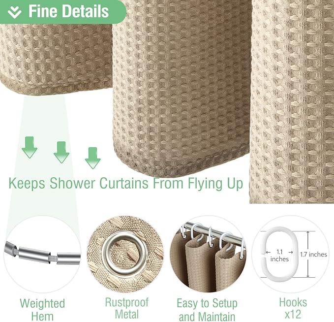 Dynamene Extra Long Waffle Shower Curtain 256 GSM Fabric 72x84 Beige/Khaki - Image 5