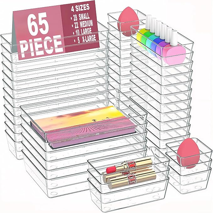Manalete 65 Pcs Clear Plastic Drawer Organizer, Makeup & Vanity Organizer | by Manelete