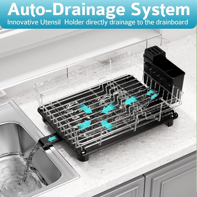 Dish Drying Rack for Kitchen Counter, 12.8" W x 16.9" L, Self-Draining - Image 2