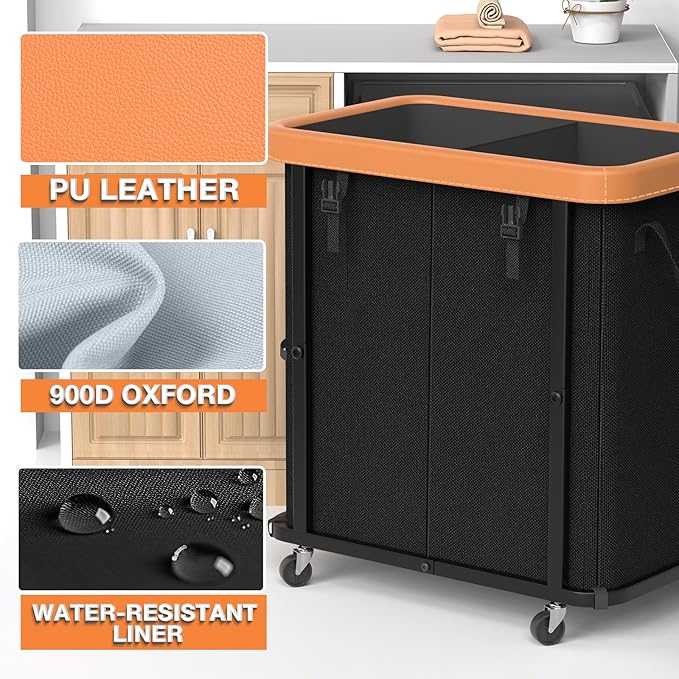 Laundry Basket with Wheels, 190L Leather Patchwork Laundry Hamper 2 Setion - Image 2