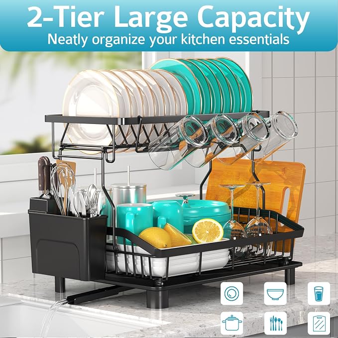 2 Tier Dish Drying Rack for Kitchen Counter, Large Capacity, Rustproof Dish - Image 7