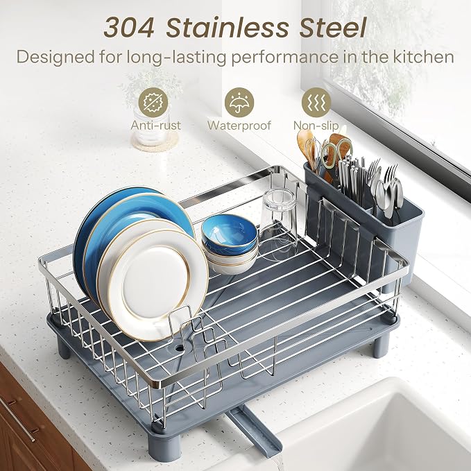 SNTD Dish Drying Rack for Small Kitchen Counter, Rotating Spout & Angled - Image 5