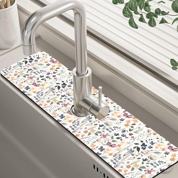Vintage Watercolor Floral Kitchen Sink Splash Guard Mat Absorbent Fast Drying by Unknown