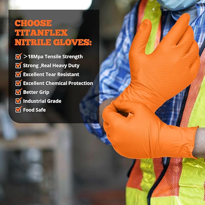 TitanFlex Heavy Duty Orange Nitrile Gloves, 6 Mil, Raised Diamond Texture - Image 6