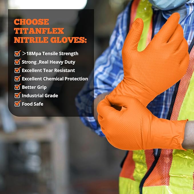 Heavy Duty Orange Nitrile Gloves, 6 Mil, Raised Diamond Texture, Mechanic - Image 6