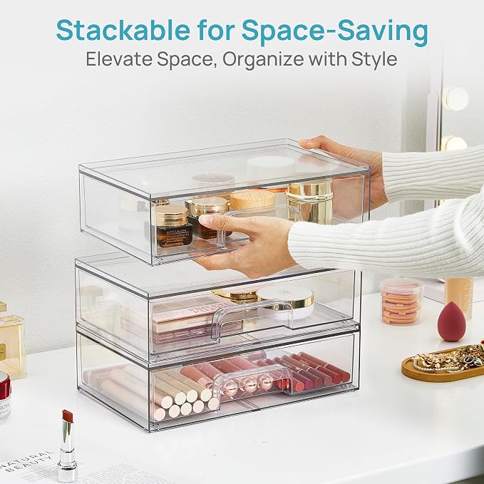 Vtopmart Clear Stackable Storage Drawers, 4 Pack Wide Plastic Organizers | - Image 6