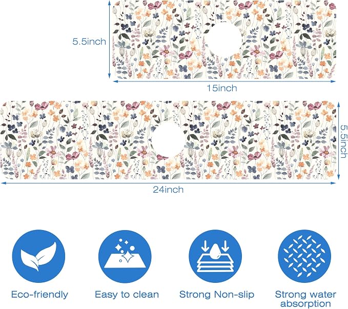 Vintage Watercolor Floral Kitchen Sink Splash Guard Mat Absorbent Fast Drying - Image 3