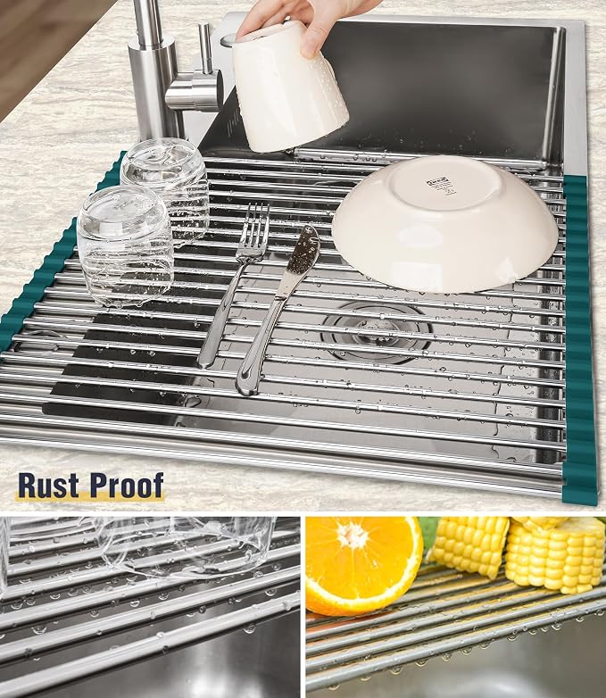 Tomorotec Roll Up Dish Drying Rack Over Sink, 304 Steel, DarkGreen | Anti-Slip - Image 2