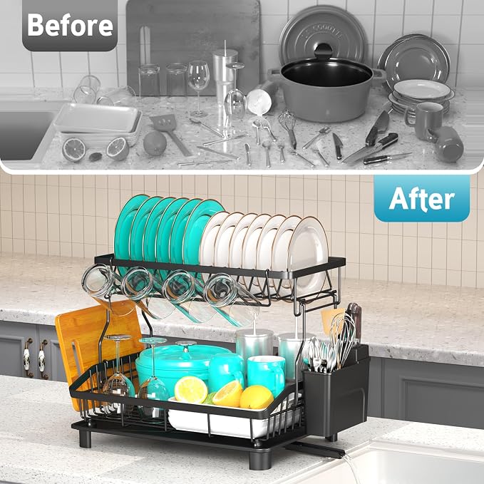 2 Tier Dish Drying Rack for Kitchen Counter, Large Capacity, Rustproof Dish - Image 6