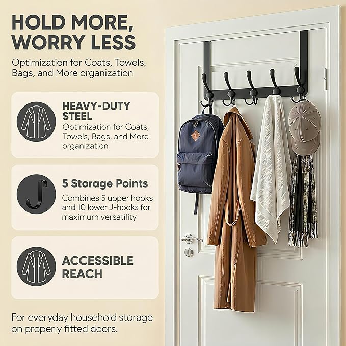 Over The Door Hooks, Coat Rack for Hanging Clothes Hat Towel - Image 5