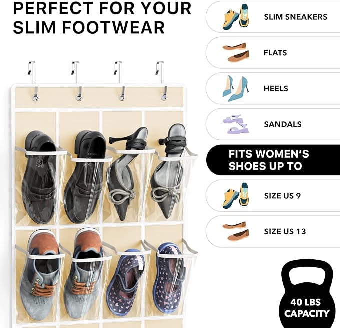 Simple Houseware 24 Pockets Clear Over the Door Shoe Organizer, 4 Durable Metal - Image 3