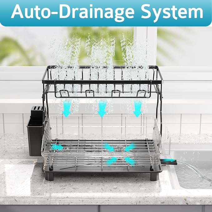 2 Tier Dish Drying Rack for Kitchen Counter, Large Capacity, Rustproof Dish - Image 2