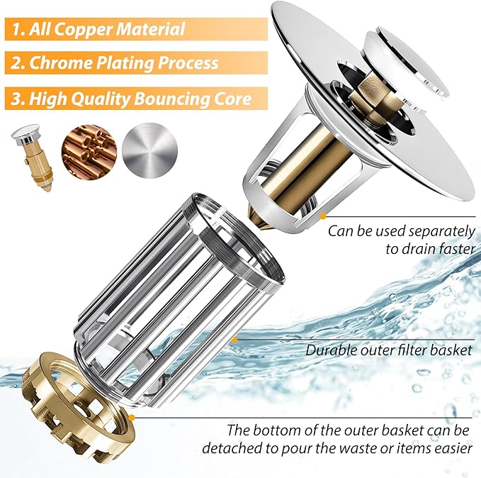 Anlige Bathroom Sink Drain Strainer, 3 in 1 Pop Up Bathroom Sink Stopper - Image 2