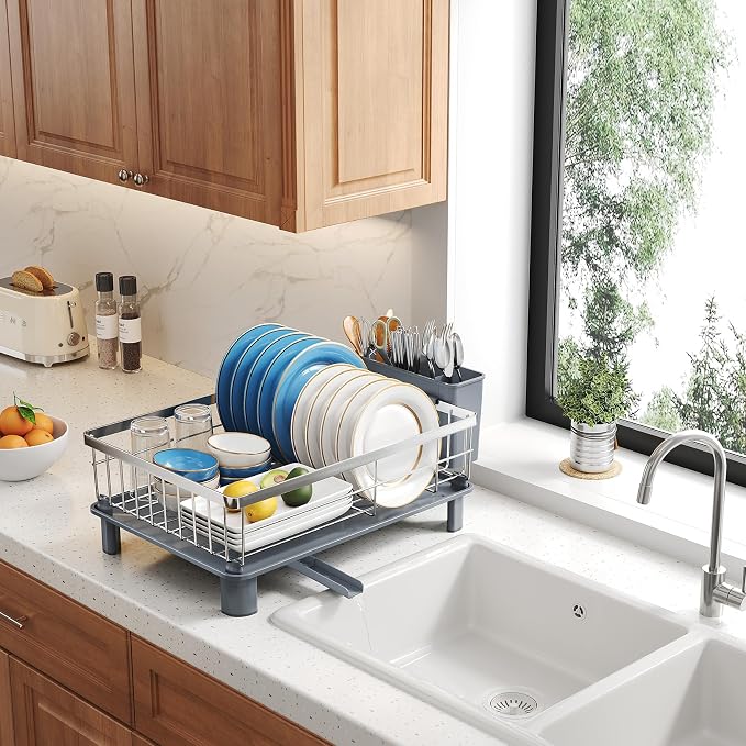 SNTD Dish Drying Rack for Small Kitchen Counter, Rotating Spout & Angled - Image 9