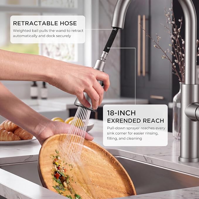 FORIOUS Kitchen Faucet with Pull Down Sprayer, High Arc, Brushed Nickel | - Image 2