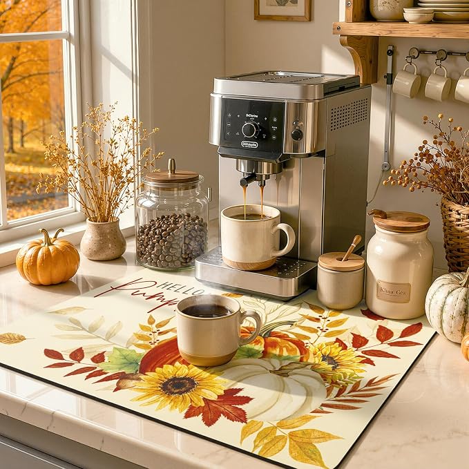 LOKHOM 18"x24" Fall Dish Drying Mat，Autumn Harvest Hello Pumpkin Sunflower | - Image 8