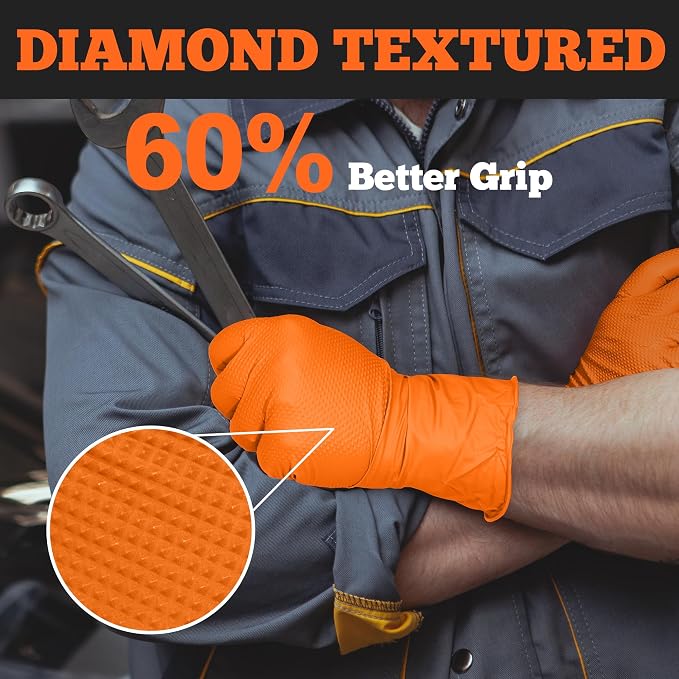 Heavy Duty Orange Nitrile Gloves, 6 Mil, Raised Diamond Texture, Mechanic - Image 3