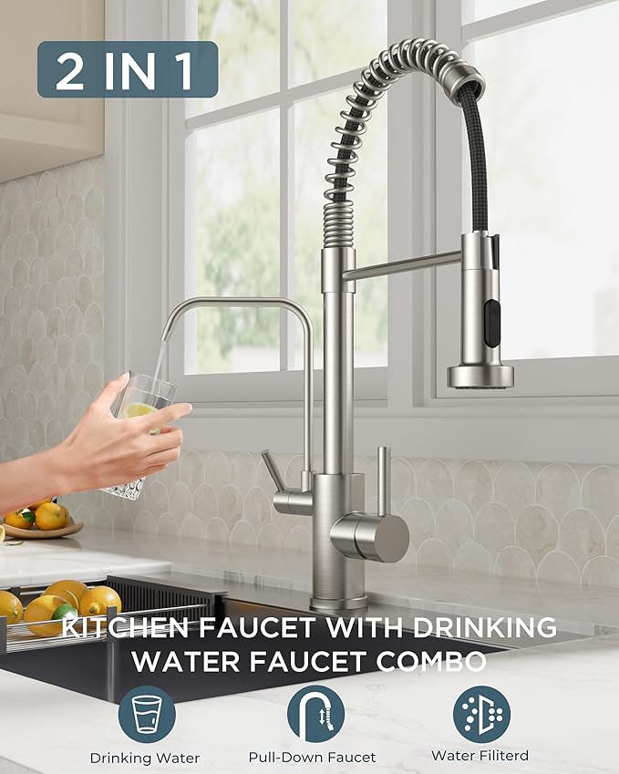 FORIOUS Kitchen Faucet with Purfied Water Filter, 2 Handle, Brushed Nickel | - Image 2