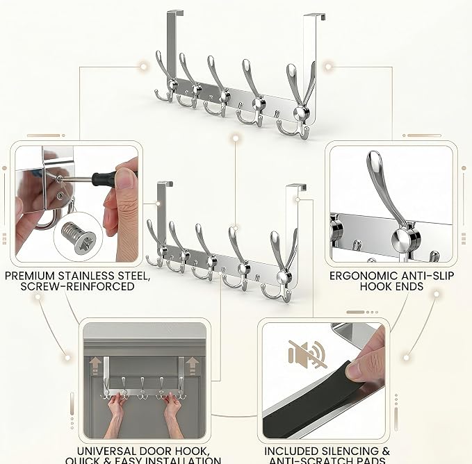 Over The Door Hooks, Coat Rack for Hanging Clothes Hat Towel - Image 4