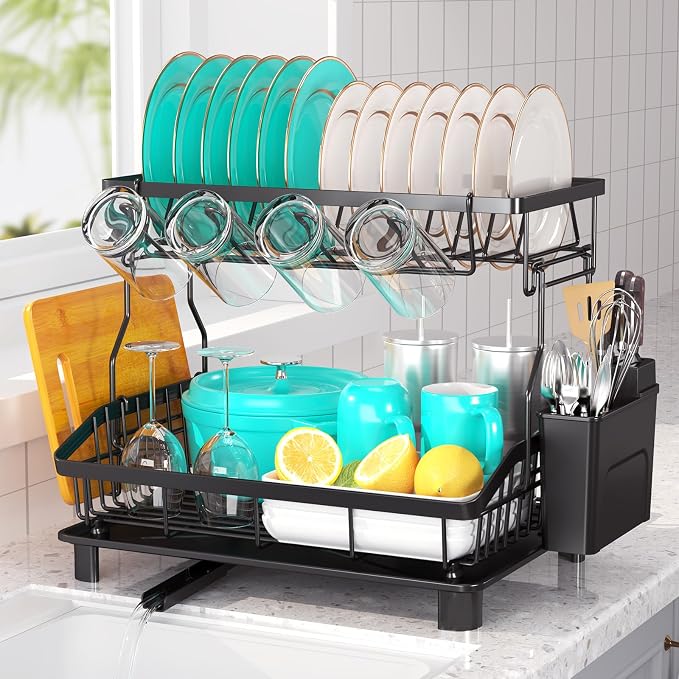 2 Tier Dish Drying Rack for Kitchen Counter, Large Capacity, Rustproof Dish by Ricobes