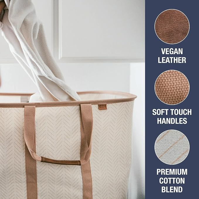 CleverMade Collapsible Fabric Laundry Hamper Premium, Cream Herringbone - Image 7