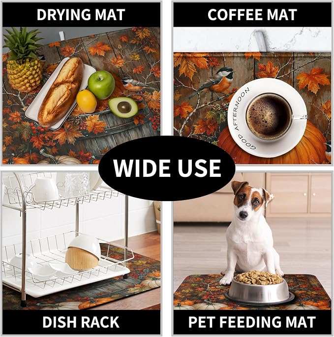Fall Dish Drying Mat for Kitchen Counter 16x18 Autumn Pumpkin Maple Leaves - Image 7