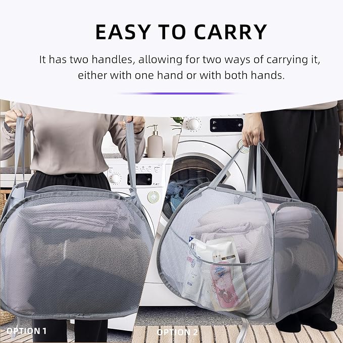 Collapsible Laundry Basket 90L, Mesh Pop-up Hamper, Side Storage Pocket - Image 4