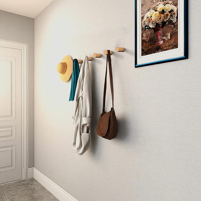 bsdonte Wood Wall Hooks 6 Pack, Natural Wooden Coat Hooks Wall Mounted - Image 2