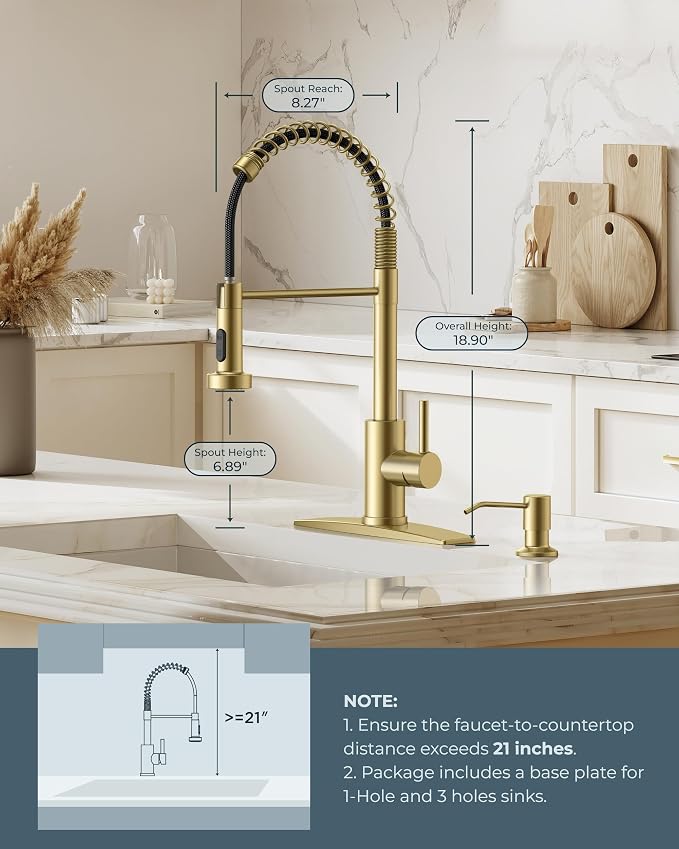 FORIOUS Gold Kitchen Sink Faucet, Pull Down Sprayer, Classic High Arc | - Image 5