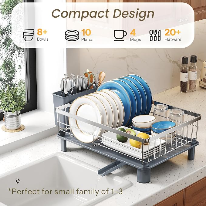 SNTD Dish Drying Rack for Small Kitchen Counter, Rotating Spout & Angled - Image 3