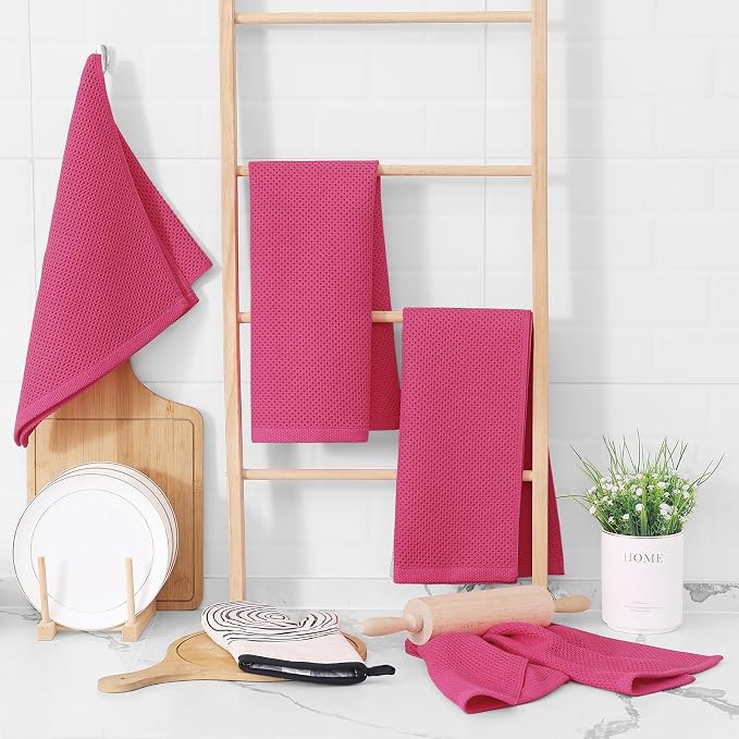 Homaxy 100% Cotton Waffle Weave Kitchen Dish Towels 8-Pack, Hot Pink | 13 x 28 - Image 6