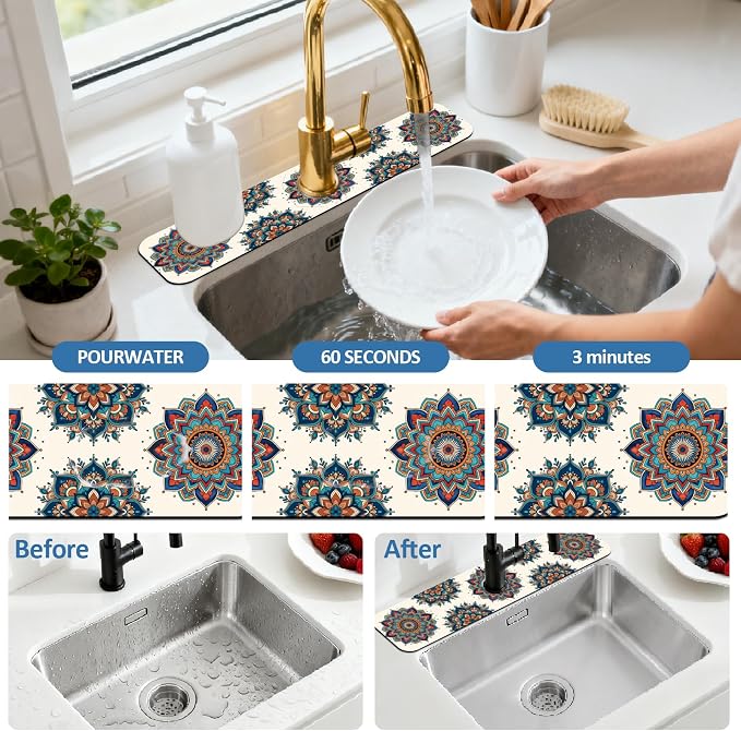 2 Pcs Kitchen Sink Splash Guard Faucet Mat Colored Mandala Faucet Mats - Image 5