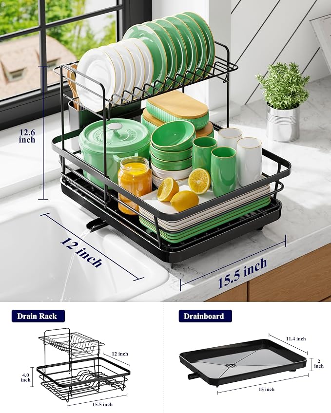 Kitsure Dish Drying Rack for Kitchen Counter, 2-Tiers | Stainless Steel Sink - Image 2