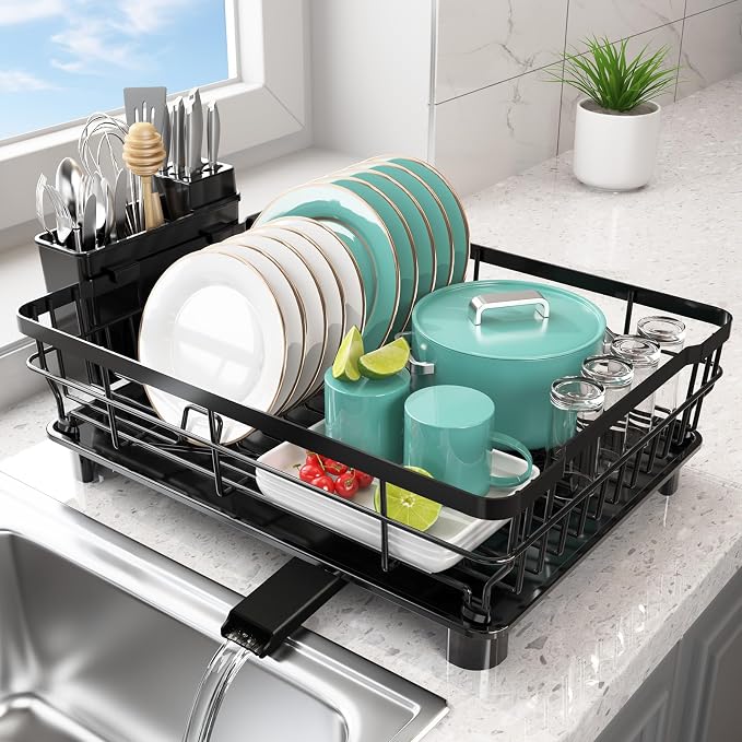 Dish Drying Rack for Kitchen Counter, 12.8" W x 16.9" L, Self-Draining by Ricobes
