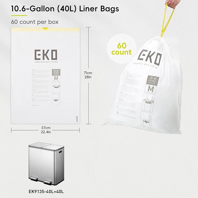 EKO 10.6 Gallon / 35–40 Liter Drawstring Trash Bags, Extra-Strong Leak-Resistant - Image 7