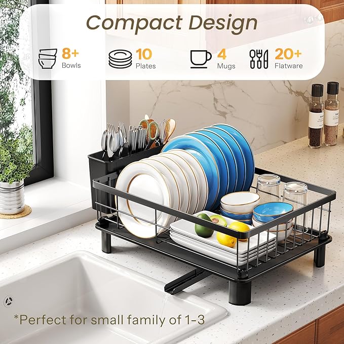 SNTD Dish Drying Rack for Small Kitchen Counter, Rotating Spout & Angled - Image 3