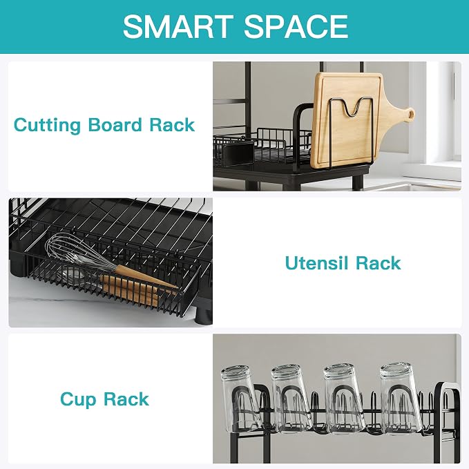 BOOSINY 2 Tier Black Dish Drying Rack and Drainboard - Image 4