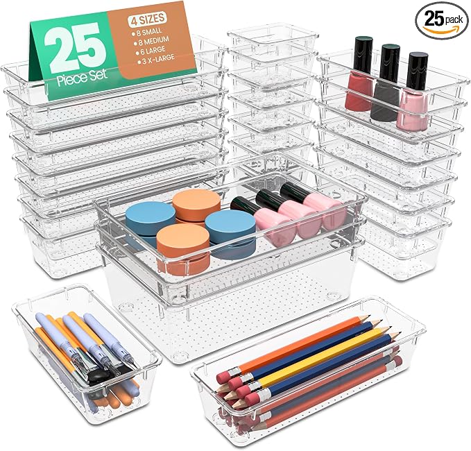 KICHLY 25-Piece Clear Drawer Organizer Set – Multi-Size Storage Trays | Bathroom by KICHLY