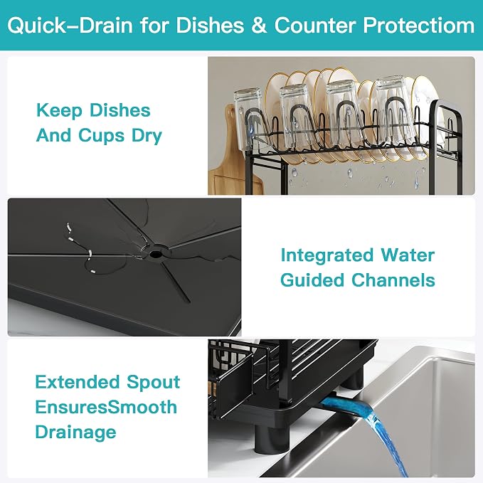 BOOSINY 2 Tier Black Dish Drying Rack and Drainboard - Image 5