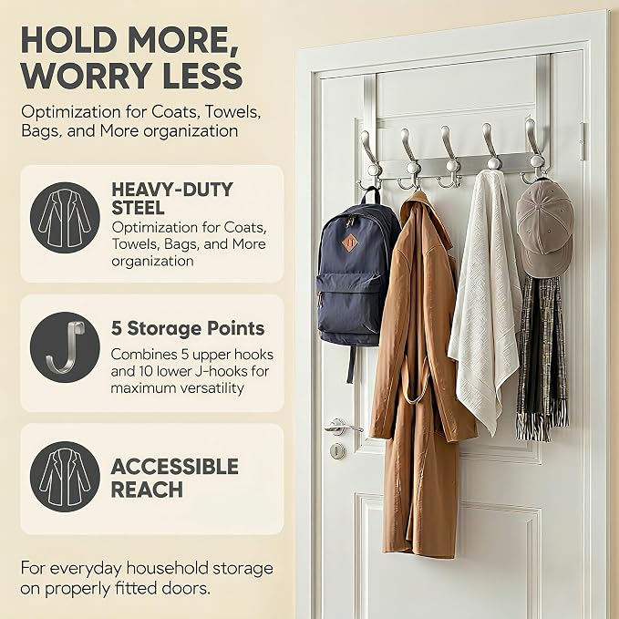 Over The Door Hooks, Coat Rack for Hanging Clothes Hat Towel - Image 5