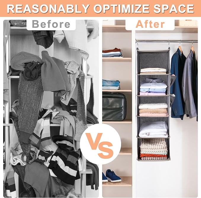 BOOMIBOO Hanging Closet Organize and Shelves, 5-Hanging Shelf（Browm） | - Image 6