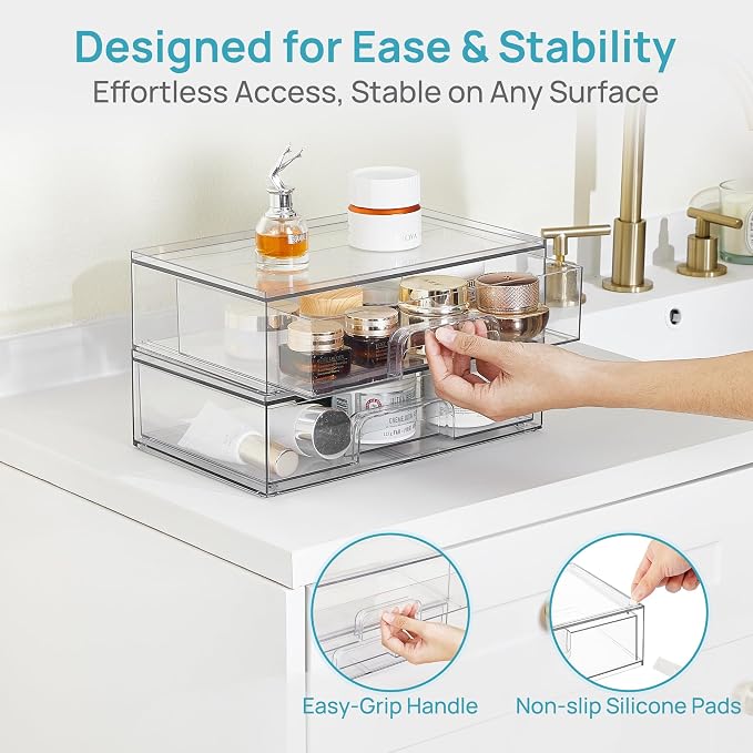 Vtopmart Clear Stackable Storage Drawers, 2 Pack Wide Plastic Organizers | - Image 8