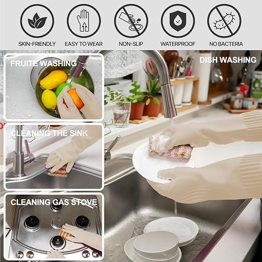 Rubber Dishwashing Gloves, Non-Slip Kitchen, Ivory Large, 3 Pairs | Korean - Image 3