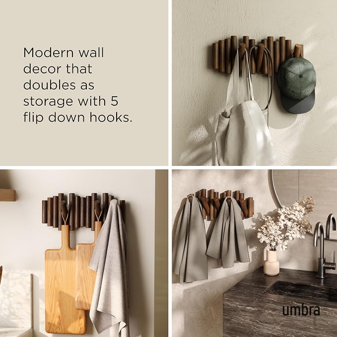 Umbra Picket Coat Rack, Wall Mount 5 Flip-Down Coat Hooks, Walnut | Beveled - Image 4