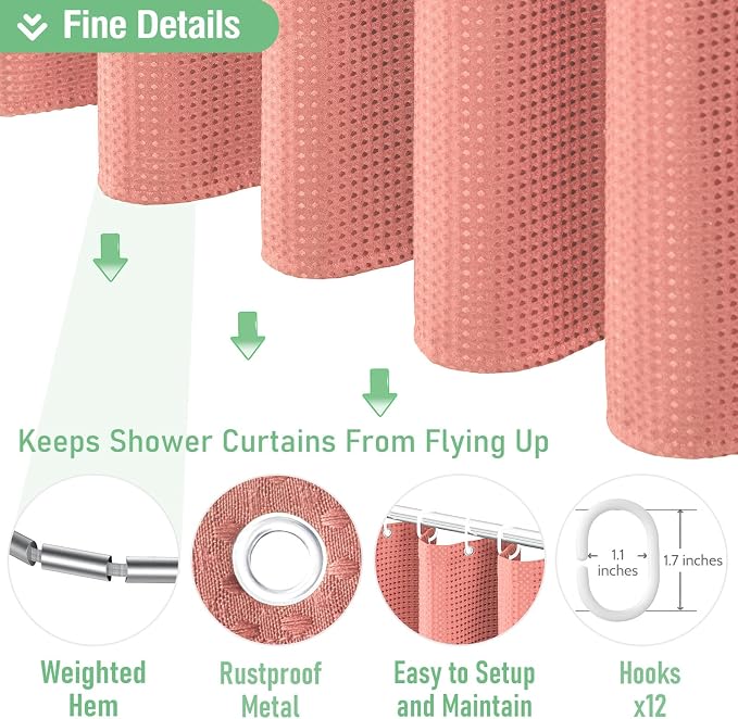 Dynamene Extra Long Waffle Shower Curtain 256 GSM Fabric 72"x84" Coral - Image 5