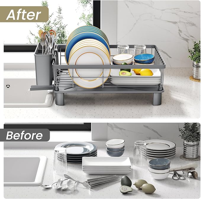 SNTD Dish Drying Rack for Small Kitchen Counter, Rotating Spout & Angled - Image 8
