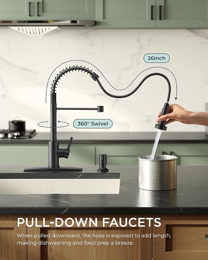 FORIOUS Black Kitchen Sink Faucet, Pull Down Sprayer, Classic High Arc | - Image 3