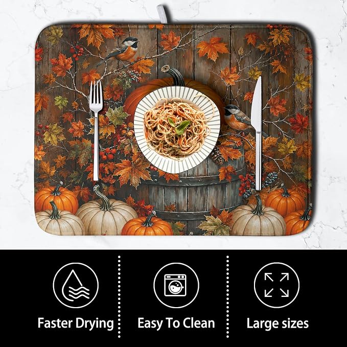 Fall Dish Drying Mat for Kitchen Counter 16x18 Autumn Pumpkin Maple Leaves - Image 4
